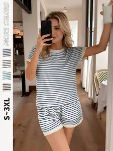 Women's Striped Pajama Set, Soft and Comfortable Sleepwear, Loose-Fitting Short Sleeve, Casual Home, S-Xxxl Sizes
