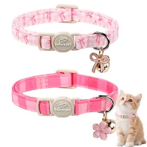 2 Pack Pink Cat Collars - Spring Summer Breakaway Cat Collars with Bell, Bow and Flower Pendant, Adjustable Kitten Collars for Girl Cats, Cute Pink Plaid & Bow Design