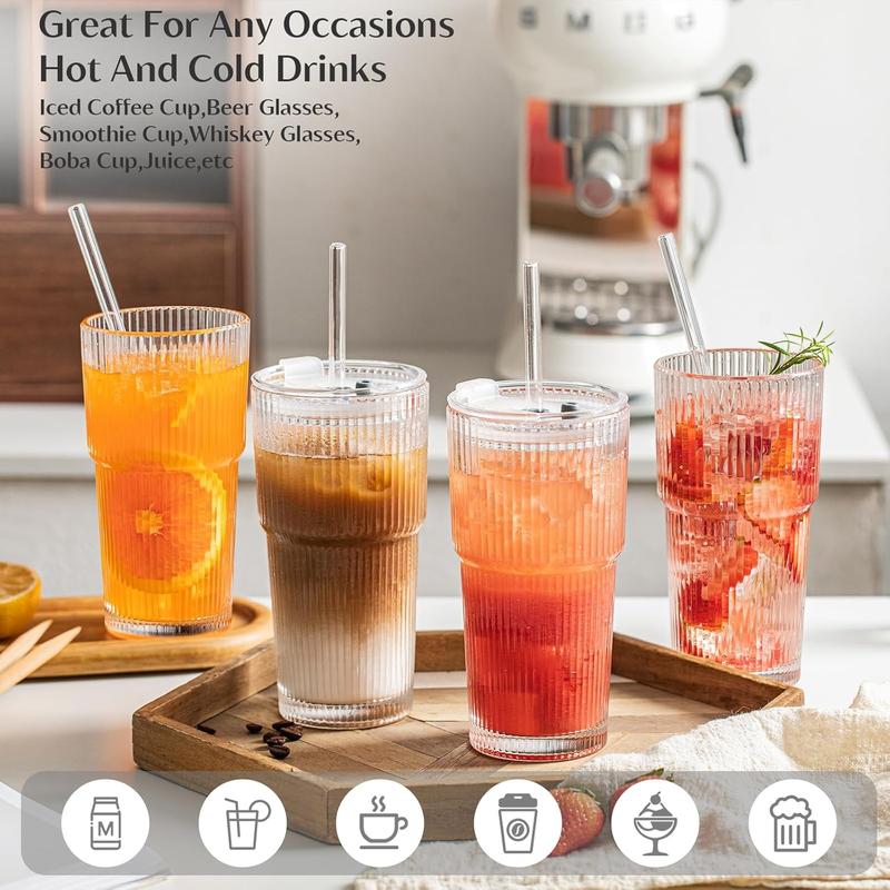 Ribbed Glass Cups with Lids and Straws | 6/8Pack 20oz Thickened Tumbler Set | Coffee, Smoothies, Cocktails & Juices