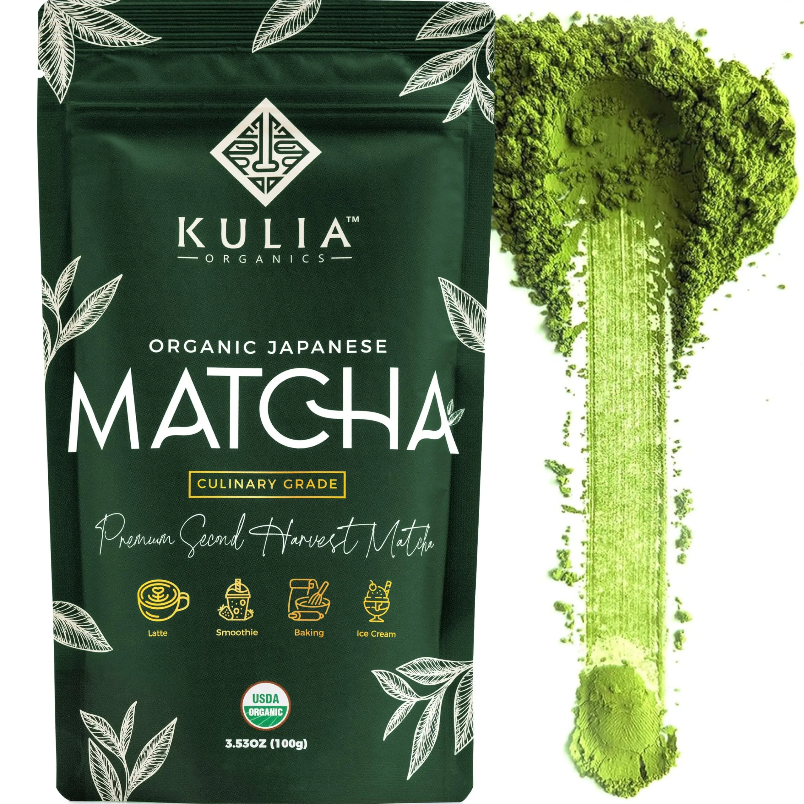 Kulia Matcha Powder (100g) -Organic Culinary Grade Matcha Green Tea Powder - Authentic Japanese Organic Matcha Green Tea Powder - Matcha Powder with Recipe E-Book and Bamboo Straws - Zero Sugar, Vegan & Low Calories Organic Sugar Free Beverage Mixed