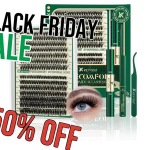 KEYYOU DIY Lash Extension Kit 280pcs Soft Lash Clusters 60D+80D D Curl Easy to Apply with Lash Bond and Seal Lash Applicator Lash Remover Eyelash Extension Kit at Home(RMkit-60D80D-D-10-18mix)