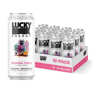 Lucky Energy Tropical Thrill Sugar-Free Energy Drinks 16 Fl Oz Cans 12-Pack Healthy Energy Drink with Maca Ginseng Taurine Beta-Alanine 200mg Caffeine