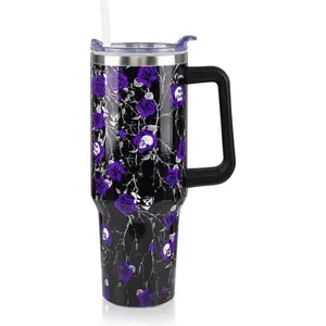 40 oz Halloween Tumbler with Lid and Straw, Stainless Steel Insulated Skull Tumbler 40 oz, Reusable Skull Flowers Cup with Leak Proof Lid, Halloween Gifts for Women