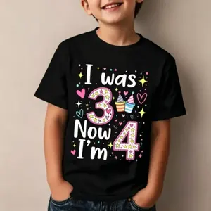 "I Was 3 Now I'm 4" 4th Birthday Kids T-Shirt | Cute Party Hat & Hearts Black Tee