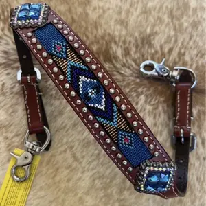 Blue Beaded Western Wither Strap with Bling for Breast Collar