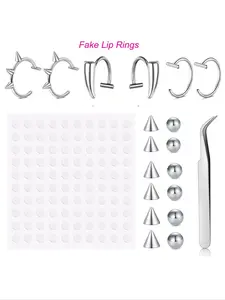 20Pcs/Set Fake Lip Rings Set, Includes 6Pcs Fake Lip Rings, 1 Sheet Sticker, 12Pcs Balls, 1 Tweezer, Fake Piercing Eyebow Dimple Face Piercing Belly Nose Ring Lip Stud No Piercied Earring  Body Jewelry Set Halloween Gift