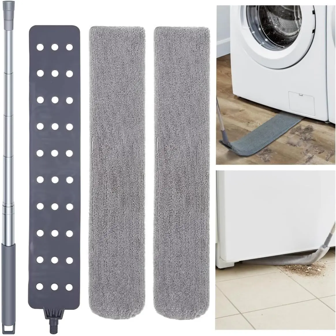 Retractable Gap Dust Cleaner with 30-100 Feet Extendable Long Handle and 2 Microfiber Dusting Cloths, Cleaning Duster for Under Appliance Refrigerator Furniture Sofa Bed (Gray)