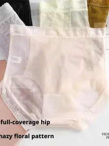 New Summer Lightweight Lace High-Waisted Underwear, Slimming Breathable Seamless Silk Lactic Acid Crotch Triangle Panties for Women