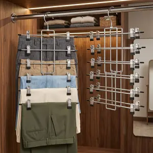 Pants Hangers with Clips 2 Pack 6 Tier Space Saving Closet Organizer Skirt Hangers with Swivel Hook