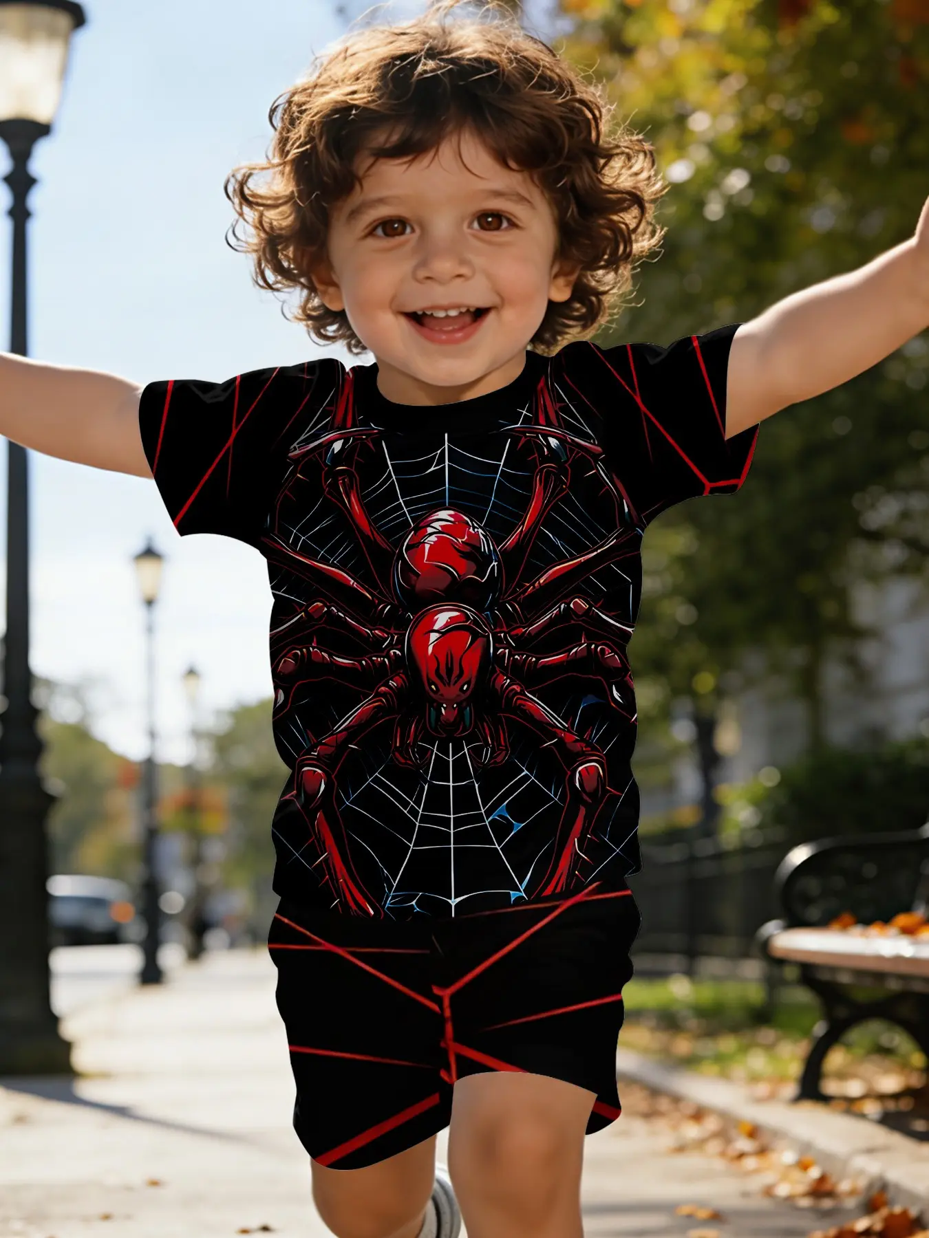 Spider Guardian Baby Set, Spider Web Print Full Print T-Shirt, Casual Infant Short Sleeve Set, Outfit, Clothes Kids, Perfect Gift for Kids