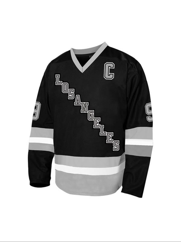 Men's Ice Hockey Jersey 99 black Embroidered Casual Training T-Shirt, Embroidery Sportswear, Sporty V-Neck Long Sleeve, Loose-Fitting All Seasons