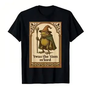 Men's Short Sleeve Round Neck Cotton Casual T-shirt - Funny Medieval Wizard Frog Print, Autism Consciousness "This is my disease" Slogan, Black, Skin-friendly, Ideal for Comic-Con & Daily Wear, Great Adult Gift