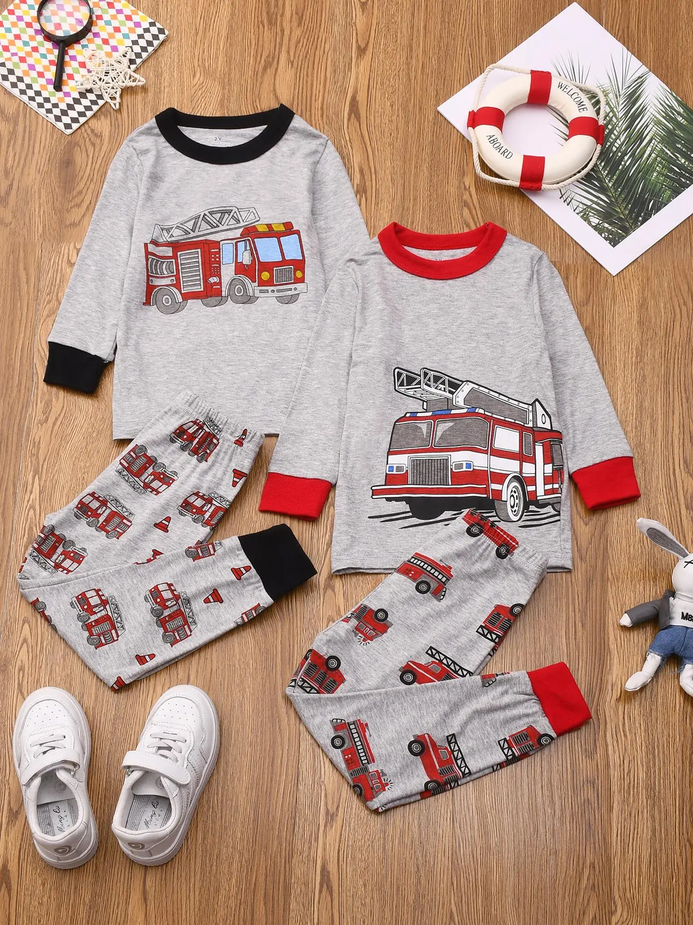 Boy's Fire Truck Print Top & Pants Loungewear Set, Casual Comfy Round Neck Long Sleeve Top & Trousers Pj Set, Boys Sleepwear for Fall, Pajama Sets, Pajamas, Pajama Outfit, Pyjama