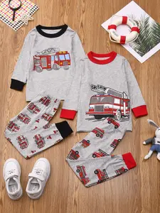Boy's Fire Truck Print Top & Pants Loungewear Set, Casual Comfy Round Neck Long Sleeve Top & Trousers Pj Set, Boys Sleepwear for Fall