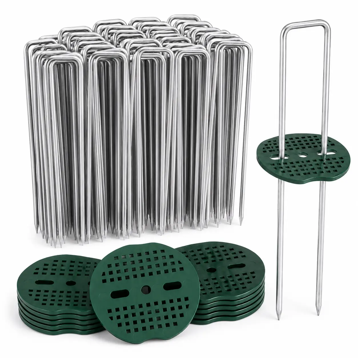 PINKART Garden Fabric Anchor Stakes Kit, Galvanized U-Shaped Ground Stakes with Green Washers, Landscape Staples for Weed Barrier, Artificial Turf, Irrigation Hose, Lawn Edging, Fence and Outdoor Use