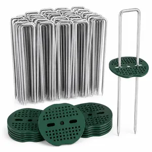PINKART Garden Fabric Anchor Stakes Kit, Galvanized U-Shaped Ground Stakes with Green Washers, Landscape Staples for Weed Barrier, Artificial Turf, Irrigation Hose, Lawn Edging, Fence and Outdoor Use
