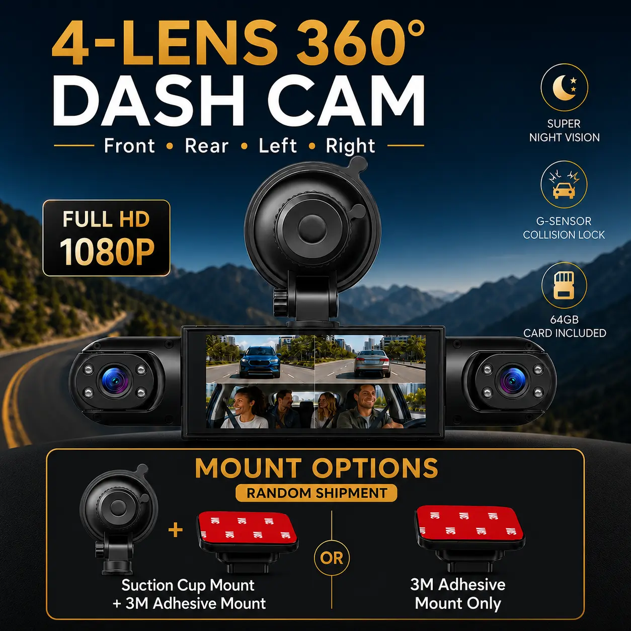 4-Lens 360° Dash Cam, 1080P Front Rear & Dual Cabin Recording, IR Night Vision, G-Sensor, Loop Recording, 64GB Card Included