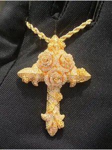 Hip-hop trendy rose cross pendant necklace, twisted chain, zircon inlay, unisex fashion jewelry, versatile couple accessories