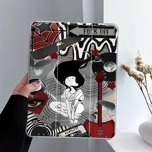 Y2K Grunge Collage Folding Stand Case for iPad, Tablet Accessories, Dark Rebel Rock Aesthetic Transparent Acrylic Hard Back, Pencil Slot & Charger Slot, Scratch-Resistant Slim Protective Cover for iPad 10.2, Mini, Pro, Air