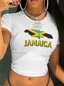 Women's Cartoon Jamaica Flag Print Fitted Round Neck Tee, Fashion Casual Crew Neck T-shirt for Daily Holiday Vacation Outdoor Wear, Ladies Clothes for Summer, Top