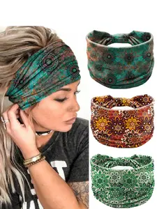 3pcs, Boho Style Hairband Set, Elastic Sweat-Absorbing Design, Unique Mandala Flower Accents, Wide Band Headwear for Women, Hair Accessories, Pack of Three, Elastic Headbands