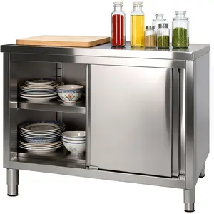 Stainless Steel Work Table with Cabinet 48"x20",Commercial Kitchen Workbench with Sliding Doors for Prep Work, Heavy Duty Prep Table for Restaurant,Garage,Warehouse