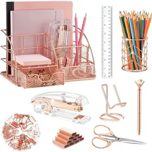 Rose Gold Desk Organizer and Accessories Office Supplies Set-Stapler, Pen Holder, Phone Holder, Scissors, Pen, Ruler, 30 Paper Clips, 22 Binder Clips, 20 Tacks, 1000 Pcs Staples