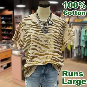 Cherrybetty 100% Cotton Oversized Sequin Tiger Pattern Short sleeve Women's Top Going Outfits Blouses Women Vintage 90s Tops Funny Shirts Women Game Day Top cute summer outfit Womenswear Everyday SpringStatements