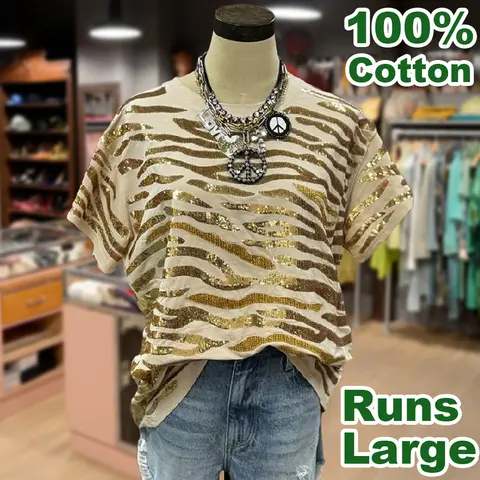 Cherrybetty 100% Cotton Oversized Sequin Tiger Pattern Short sleeve Women's Top Going Outfits Blouses Women Vintage 90s Tops Funny Shirts Women Game Day Top cute summer outfit Womenswear Everyday