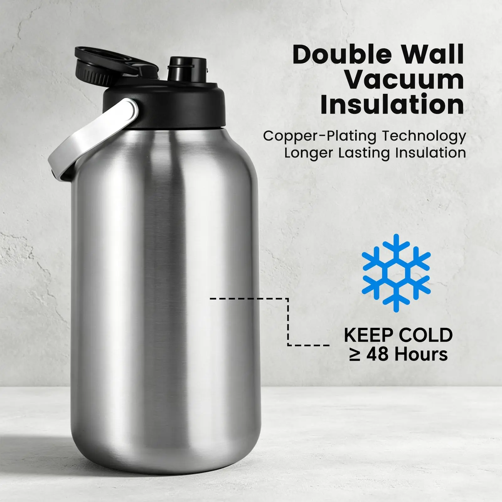 128oz (1 Gallon) Stainless Steel Insulated Water Bottle, BPA-Free Leak-Proof Water Jug with Handle, Wide Mouth for Hot & Cold Drinks, Sports, Gym, Hiking, Travel & Camping