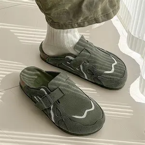Adjustable elastic toe slippers, men's sports slippers, flat shoes, women's fashion slippers, spliced leather men's shoes, cork soles, one-pedal slippers, non-slip soles.