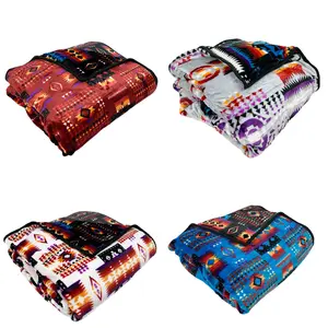Southwest Tribal Native Indian Aztec Style Plush Fleece Flannel Throw Blanket - Reversible Geometric Design Queen Bed, 78x95 Inches