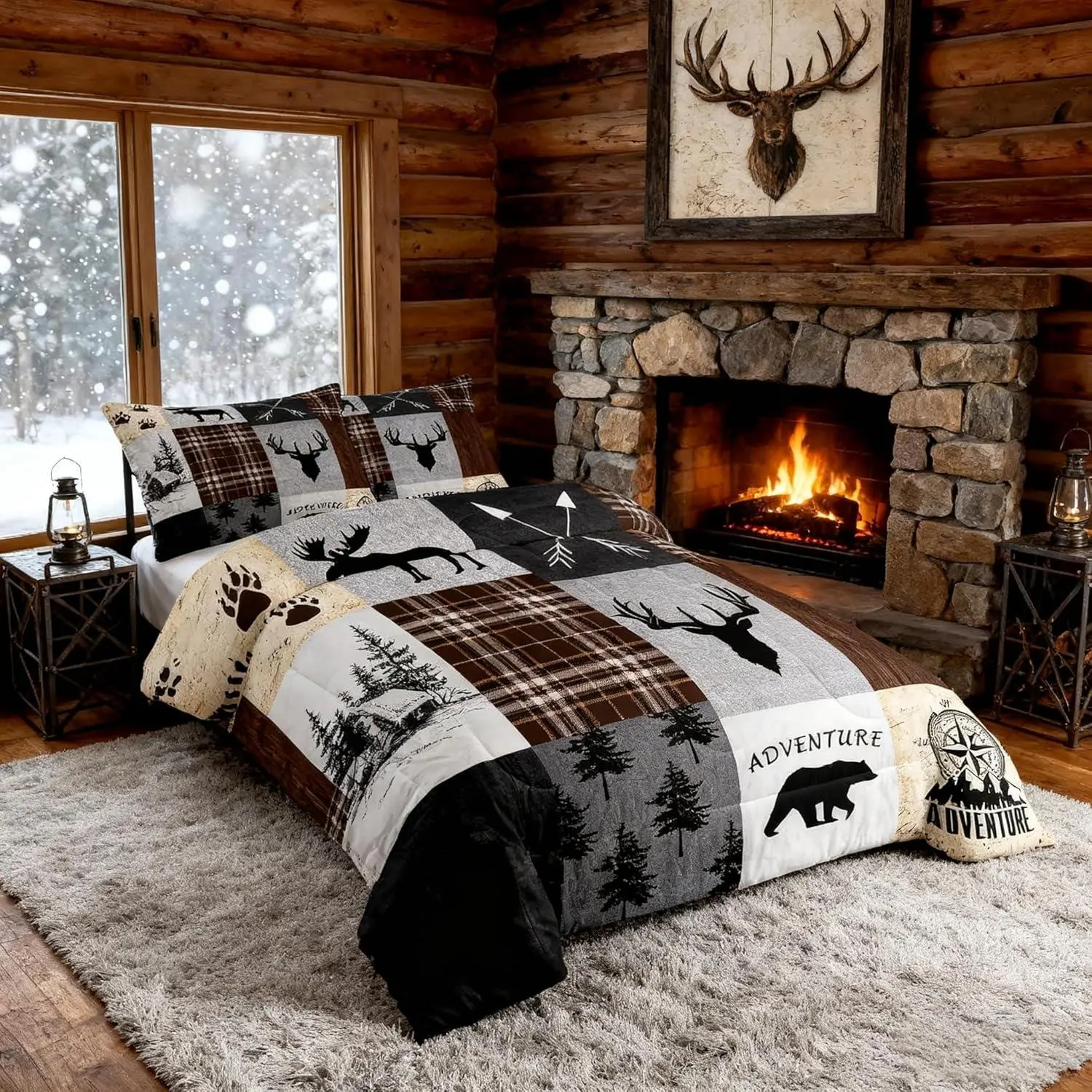 Deer Antler Comforter Set,Bear Paw Pine Trees Rustic Farmhouse Bedding Set for Boys Girls Adults Room Decor,Geometric Plaids Arrows Down Comforter,Brown Retro Duvet Insert