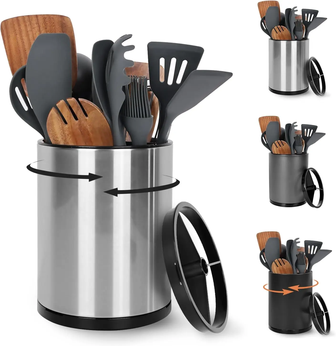 Stainless Steel 360° Rotating Extra Large 3-Compartment Kitchen Utensil Holder Container with Removable Base - Countertop Storage Caddy, Silvery Mother's Day Gift
