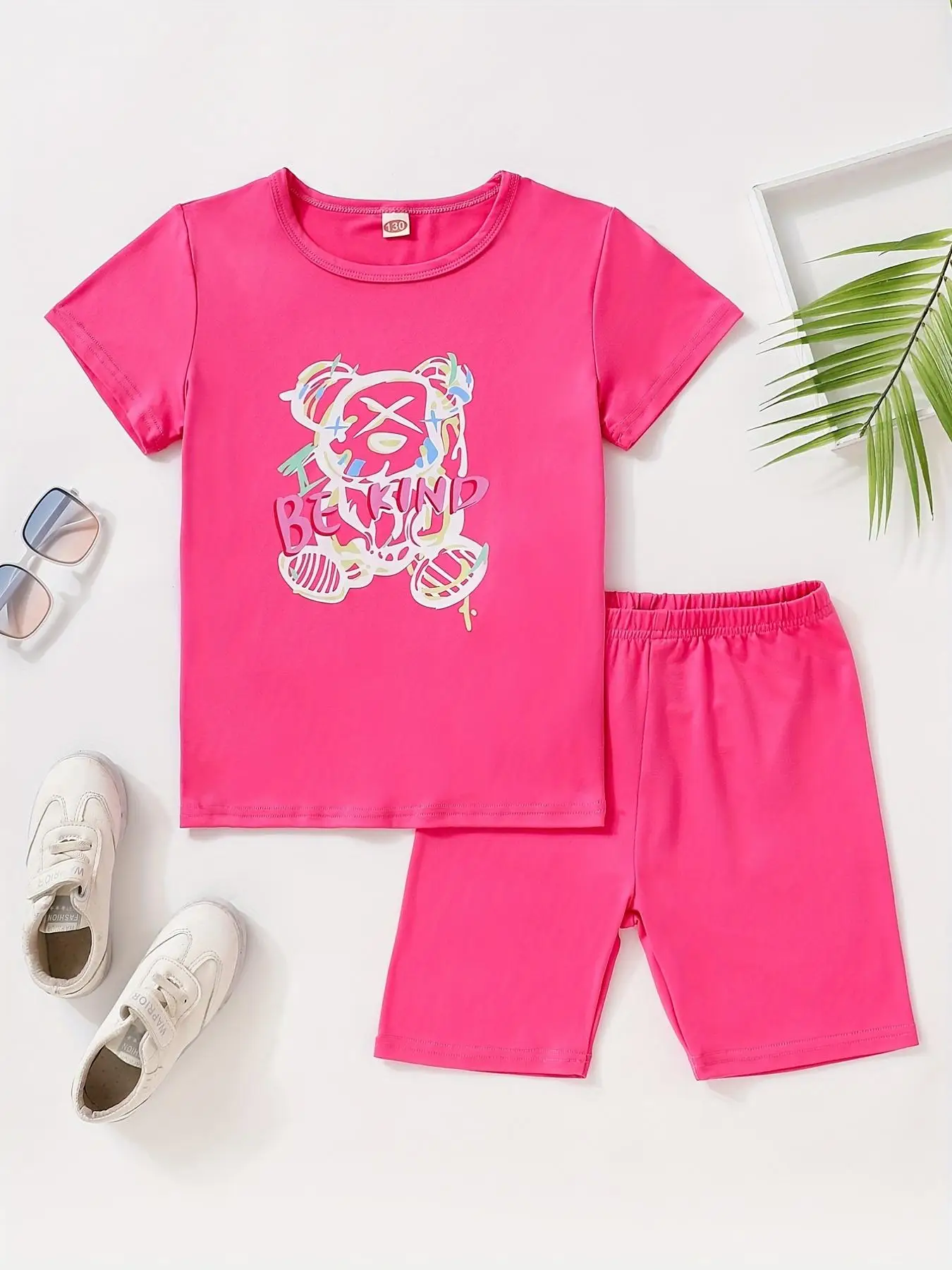 Two-Piece Set Girl's Cartoon Bear Print Tee & Plain Elastic Waist Shorts Set, Casual Round Neck Short Sleeve T-Shirt & Shorts, Summer Clothes for Kids