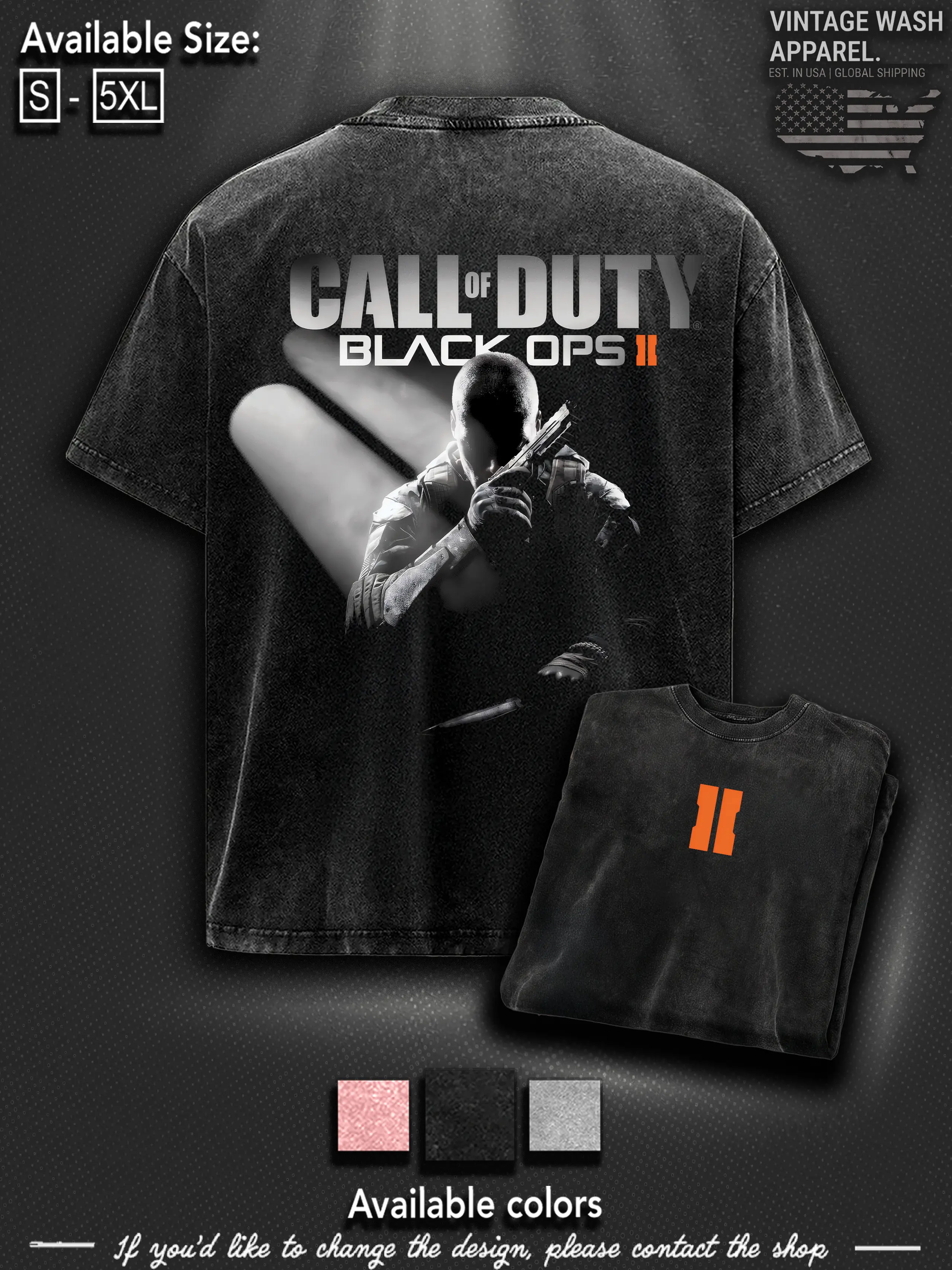 Call of Duty Black Ops 2 acid wash 2 Sided cotton t-shirt unisex trendy game Menswear Causal Streetwear 90s retro black Soft clothes merch