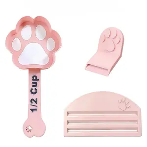 Cat Food Scoops Set with Squeeze Mechanism Handy Can Opener & Paw Print Design Easy to Clean for Cat Enthusiasts and Manicure Lovers 1/2 Cup