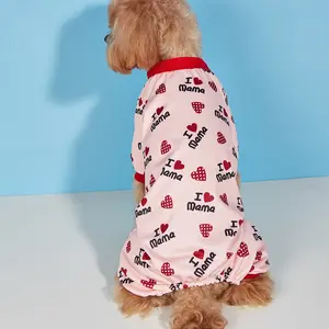 Pet Clothes Dog Poodle Heart Printed Jumpsuit I LOVE mama I LOVE papa Pajama Clothes for Doggy Dog Cat Apparel Costume PJs for Daily
