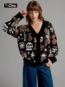 women's all over skull print button front cardigan, halloween themed lady comfort casual drop shoulder long sleeve v neck knitwear for fall, fashion ladies' knit clothing for daily womenswear, experimental outfits, spirit halloween 2024