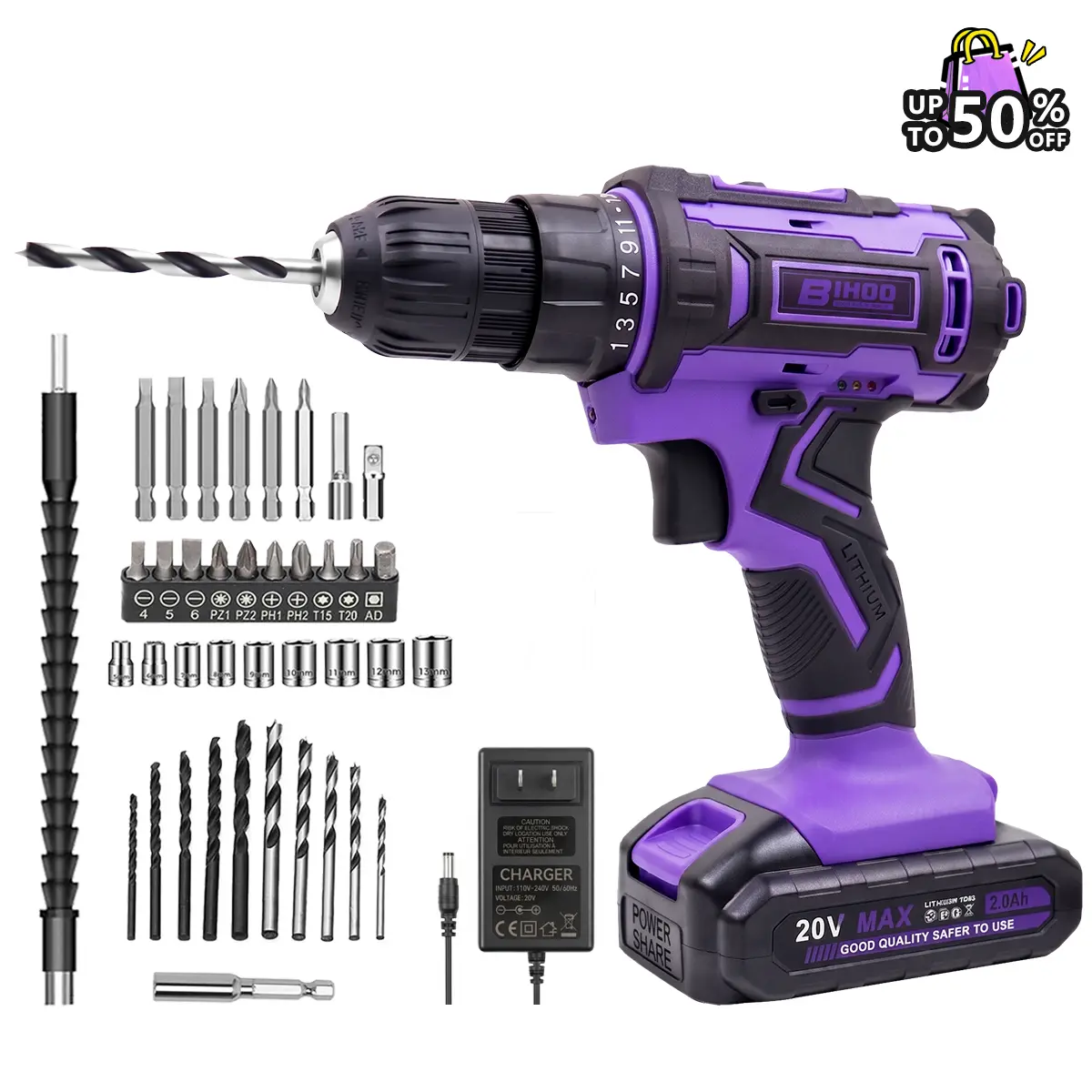 Drill set for women，Purple Cordless Drill Set, 20V High-Torque Impact Drill Driver, 3/8-Inch Keyless Chuck Variable Speed with Battery & Charger, Complete Drill Bits Set, Summervibes Home DIY Tool Kit | TikTok Shop Spring Glowup