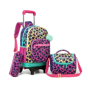 2-in-1 Detachable Rolling Backpack for Girls 3Pcs Set, Colorful Leopard Print Wheeled School Bag with Crossbody Lunch Box, Trolley Bookbag for Kids Students cute