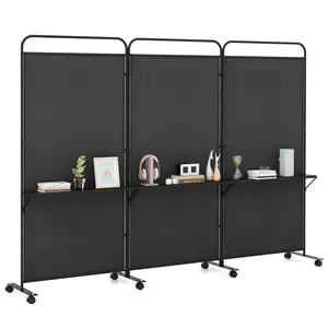 COSTWAY - 3-Panel Folding Room Divider with 3 Metal Shelves and Lockable Wheels-Black