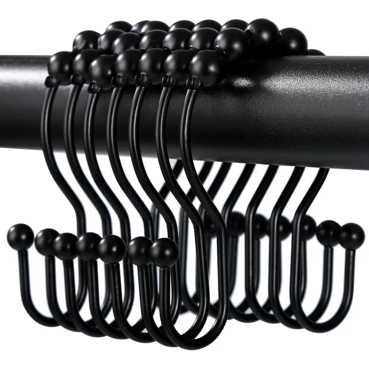 Shower Curtain Hooks,  Shower Curtain Rings, Black Shower Curtain Hooks Rust Proof, Smooth Gliding Metal Shower Curtain Rings Rust Proof, Double Shower Rings for Curtain, 12 Pcs, Black