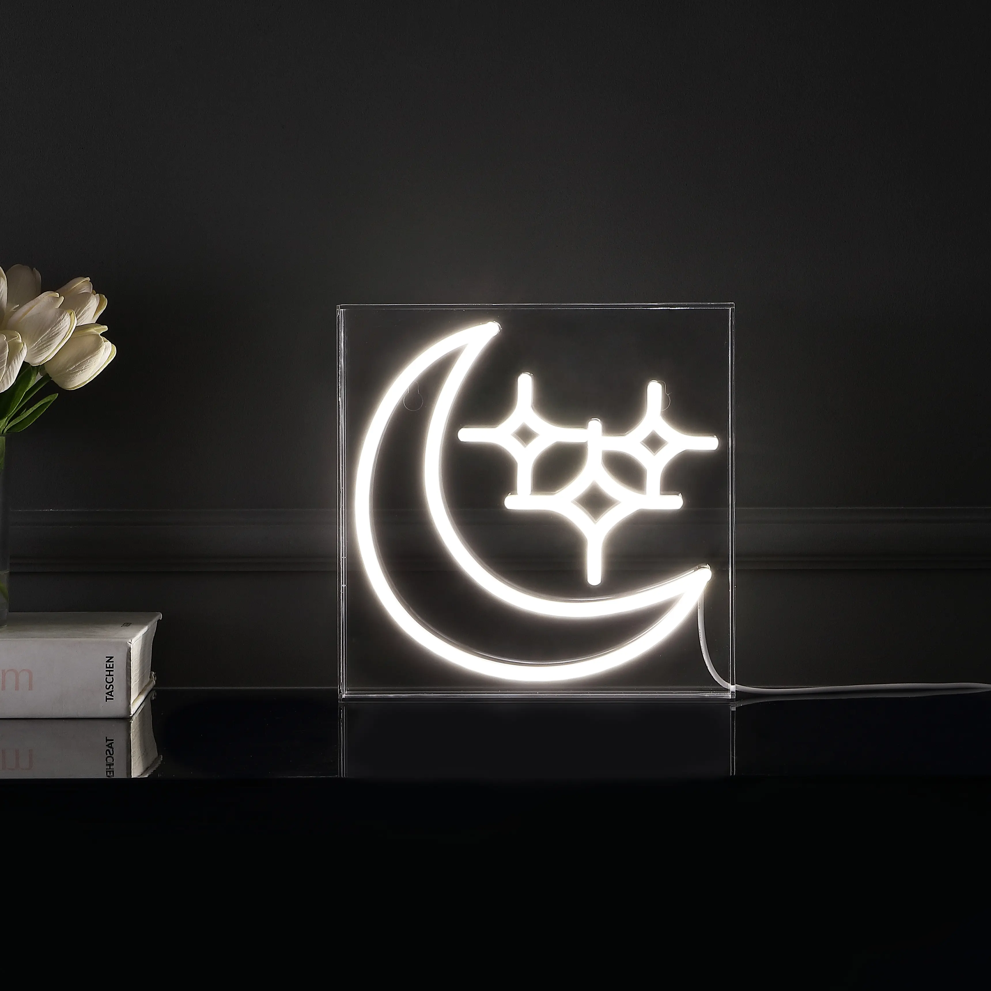 JONATHAN Y Starry Crescent Square Contemporary Glam Acrylic Box USB-Operated LED Neon Light Sign - Home Improvement Decor for Dorm, Living Room