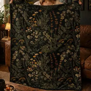 Dark Botanical Mushroom Blanket, Cozy Flannel Throw, Forest Wildflower Decor, Boho Bedroom Gift
