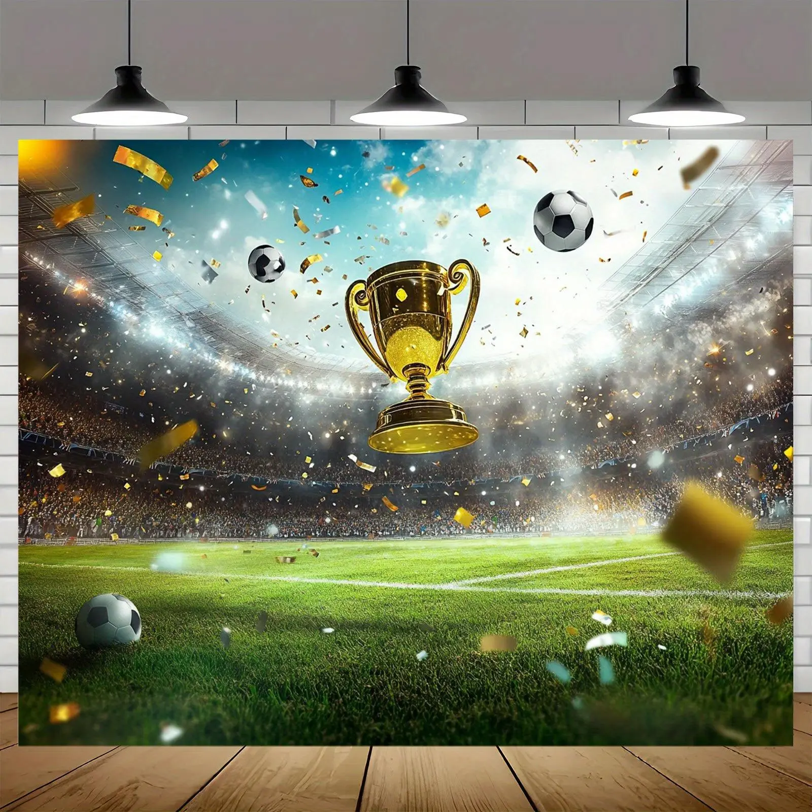1pc Soccer Trophy Backdrop Banner - Durable Polyester, Vibrant Print Golden Cup, Confetti, Green Lawn & Stadium Scene, Ideal for Birthday Parties, Sports-Themed Events | Textile Party Decor