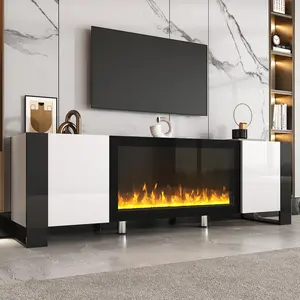 Modern TV Stand with 34.2" Electric Fireplace (No-Heat), High Gloss Media Console with 2 Cabinets, Entertainment Center for TVs up to 78"