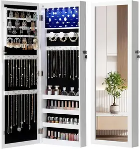 6 LEDs Mirror Jewelry Cabinet, Large Capacity Lockable Jewelry Armoire Organizer, Door or Wall Mounted Mirror with Jewelry Storage, Perfect Gift Idea, White