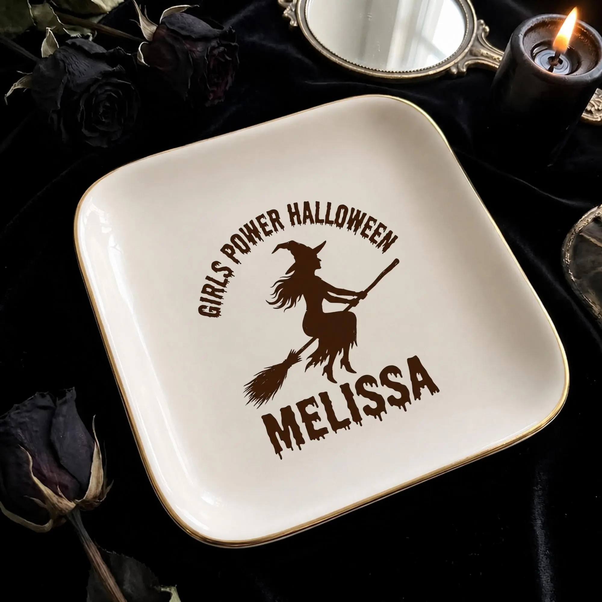 Personalized Girls Power Halloween Trinket Dish, Custom Name Witch Jewelry Tray, Vintage Halloween Decor, Heart Ring Dish, Spooky Gift for Her, Halloween 2026 Decor