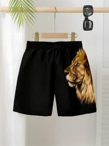 Boys Street Style Cool Shorts, Children 3D Full Lion Head Print Drawstring Casual Pants, Summer Slim-Fitting Short Clothing